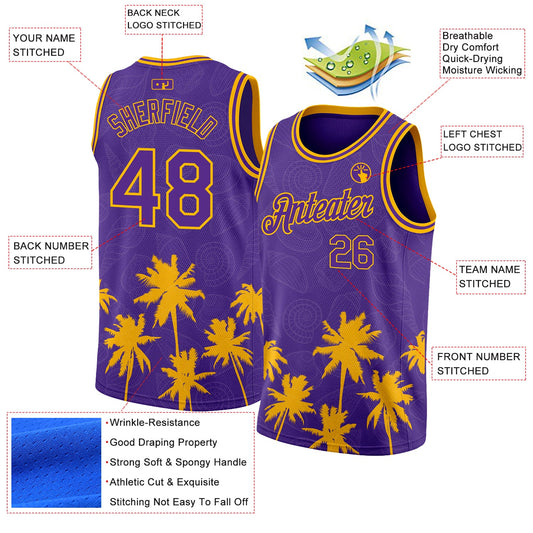 Custom Purple Gold 3D Pattern Hawaii Palm Trees Authentic Basketball Jersey - Sky-Custom