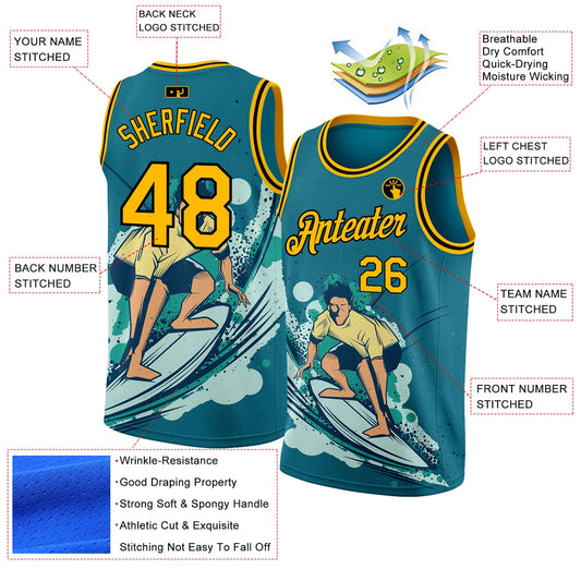 Custom Teal Gold-Black 3D Pattern Beach Surfing Authentic Basketball Jersey - Sky-Custom