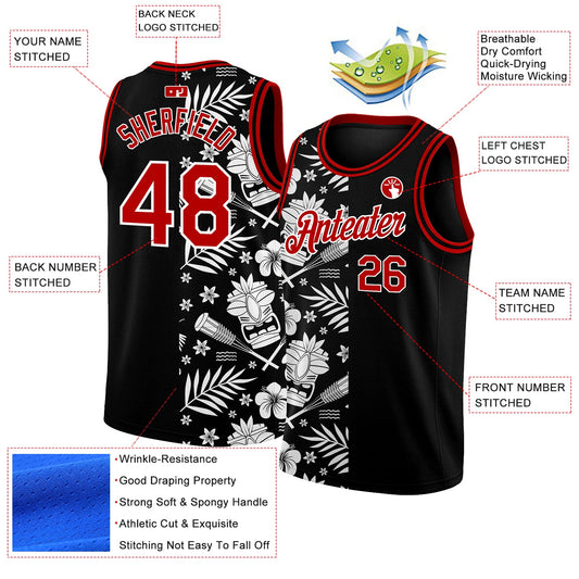 Custom Black Red-White 3D Pattern Hawaii Palm Leaves Authentic Basketball Jersey - Sky-Custom