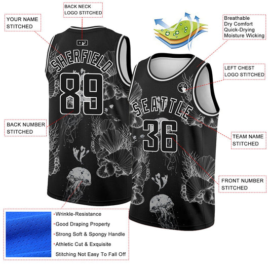 Custom Black White 3D Pattern Design Jellyfishes And Seashells Authentic Basketball Jersey - Sky-Custom