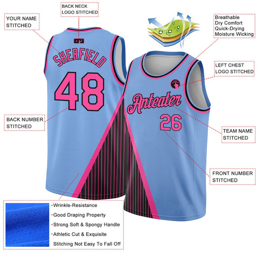 Custom Light Blue Pink-Black Triangle Pinstripes Authentic City Edition Basketball Jersey - Sky-Custom