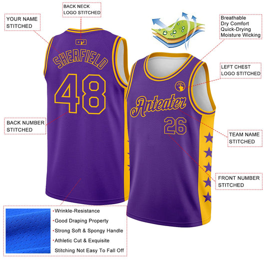 Custom Purple Gold Side Panel Stars Authentic City Edition Basketball Jersey - Sky-Custom
