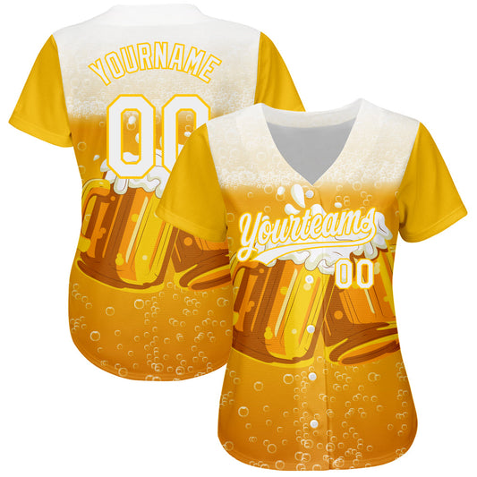 Custom Yellow White 3D Pattern Design International Beer Day Authentic Baseball Jersey - Sky-Custom
