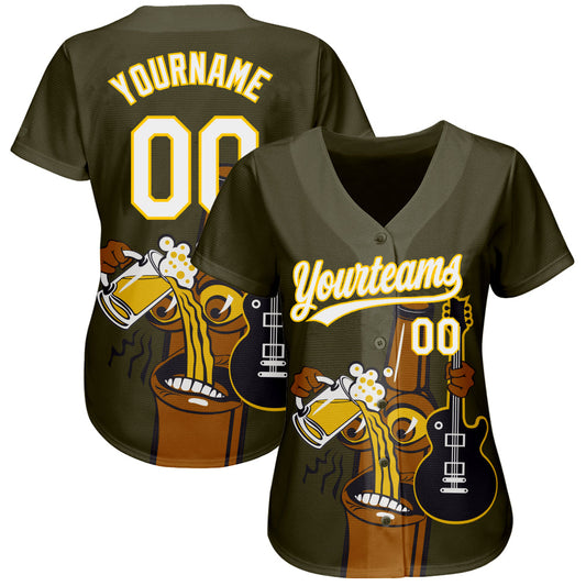 Custom Olive White-Yellow 3D Pattern Design Beer And Music Authentic Baseball Jersey - Sky-Custom