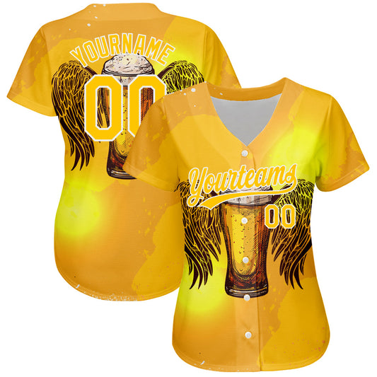 Custom Yellow White 3D Pattern Design Beer Authentic Baseball Jersey - Sky-Custom