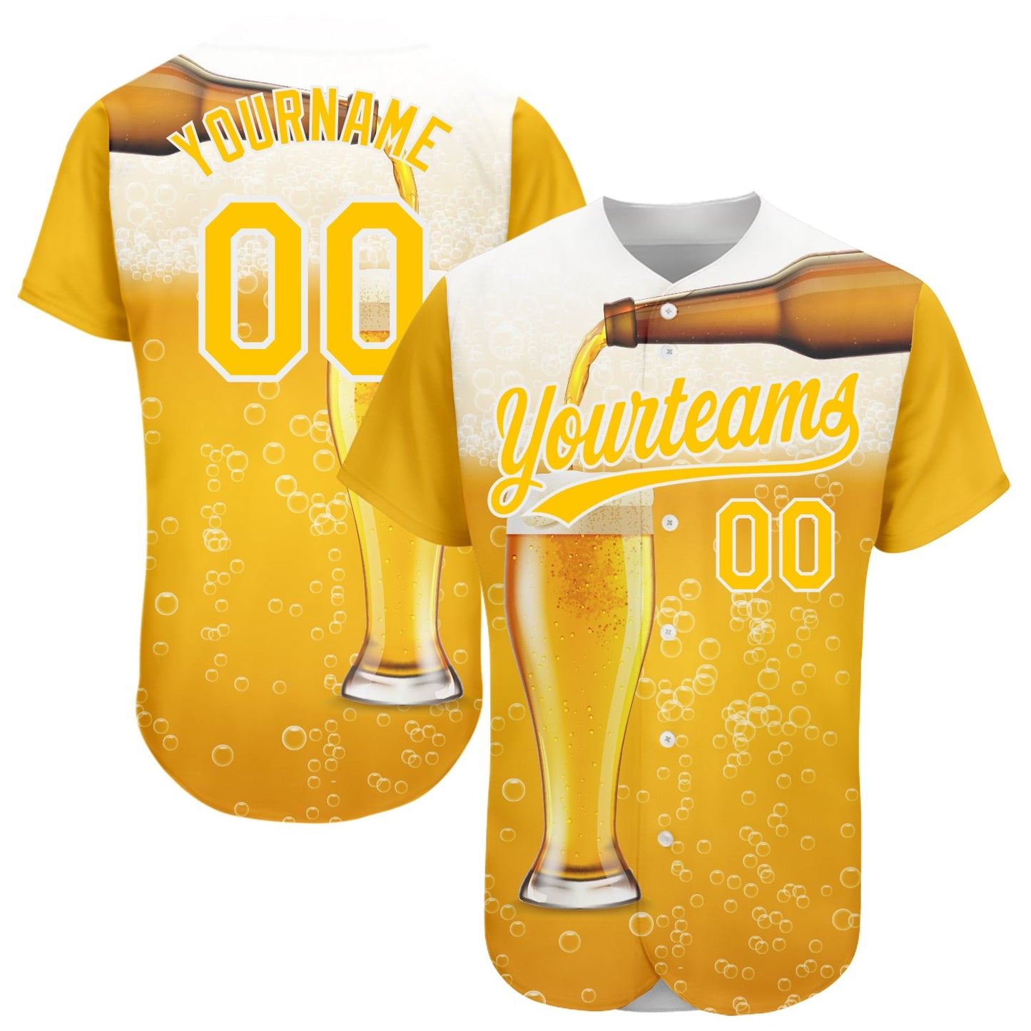 Custom Yellow White 3D Pattern Design Beer Authentic Baseball Jersey - Sky-Custom