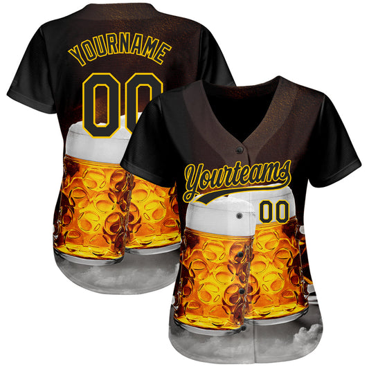 Custom Black Yellow 3D Pattern Design Beer Festival Authentic Baseball Jersey - Sky-Custom