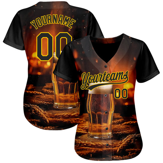 Custom Black Yellow 3D Pattern Design International Beer Day Authentic Baseball Jersey - Sky-Custom