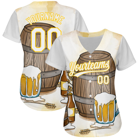 Custom White Yellow 3D Pattern Design International Beer Day Authentic Baseball Jersey - Sky-Custom