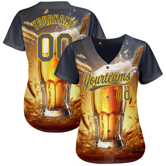 Custom Steel Gray Yellow 3D Pattern Design International Beer Day Authentic Baseball Jersey - Sky-Custom