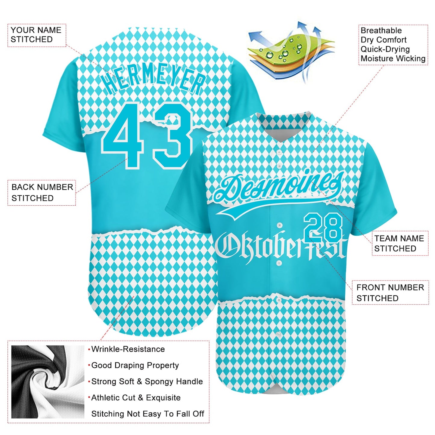 Custom Lakes Blue White 3D Pattern Design Oktoberfest Authentic Baseball Jersey - Sky-Custom