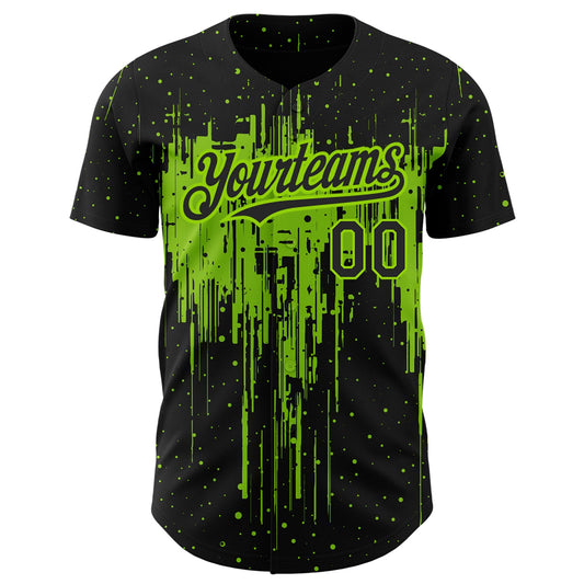 Custom Black Neon Green 3D Pattern Design Dripping Splatter Art Authentic Baseball Jersey - Sky-Custom