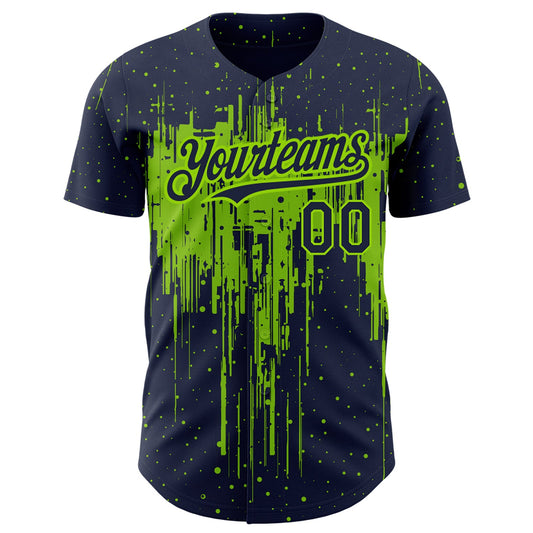 Custom Navy Neon Green 3D Pattern Design Dripping Splatter Art Authentic Baseball Jersey - Sky-Custom