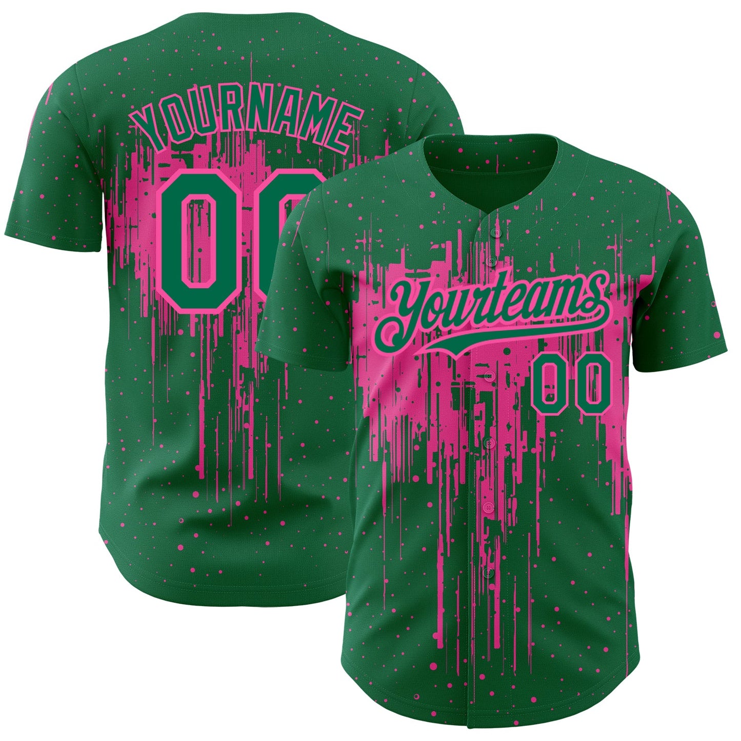 Custom Kelly Green Pink 3D Pattern Design Dripping Splatter Art Authentic Baseball Jersey - Sky-Custom
