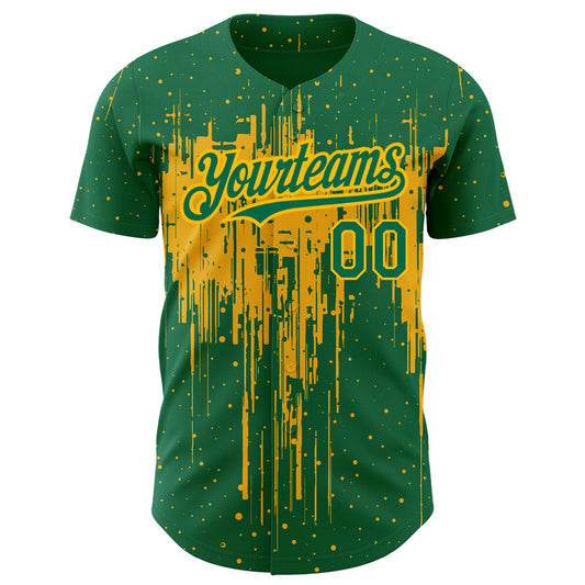 Custom Kelly Green Gold 3D Pattern Design Dripping Splatter Art Authentic Baseball Jersey - Sky-Custom