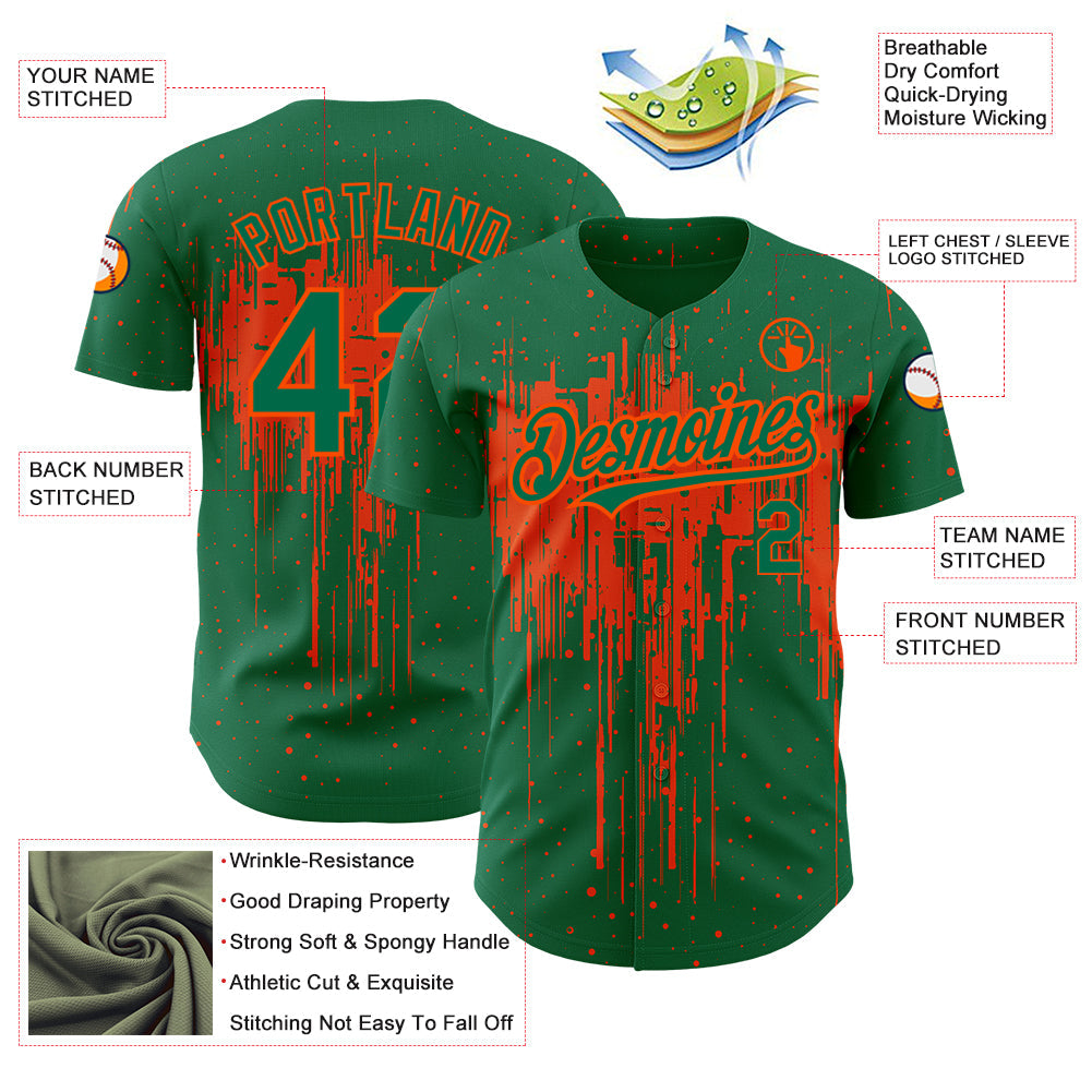 Custom Kelly Green Orange 3D Pattern Design Dripping Splatter Art Authentic Baseball Jersey - Sky-Custom