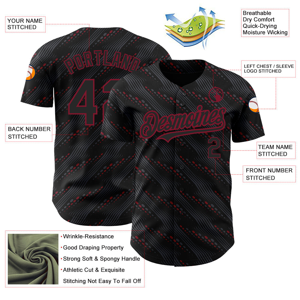 Custom Black Crimson 3D Pattern Design Slant Lines Authentic Baseball Jersey - Sky-Custom