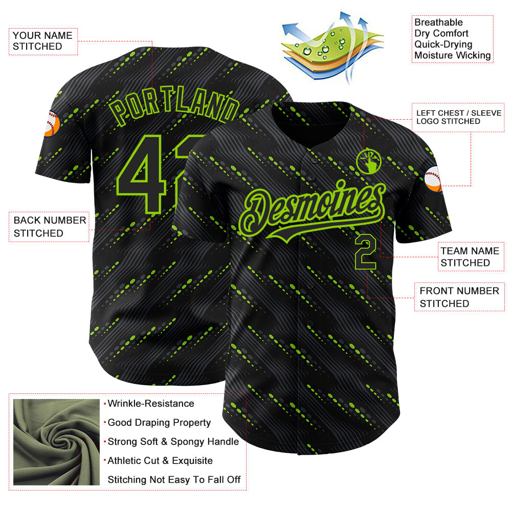 Custom Black Neon Green 3D Pattern Design Slant Lines Authentic Baseball Jersey - Sky-Custom