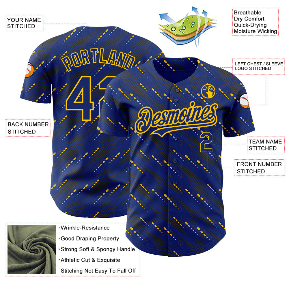 Custom Royal Yellow 3D Pattern Design Slant Lines Authentic Baseball Jersey - Sky-Custom