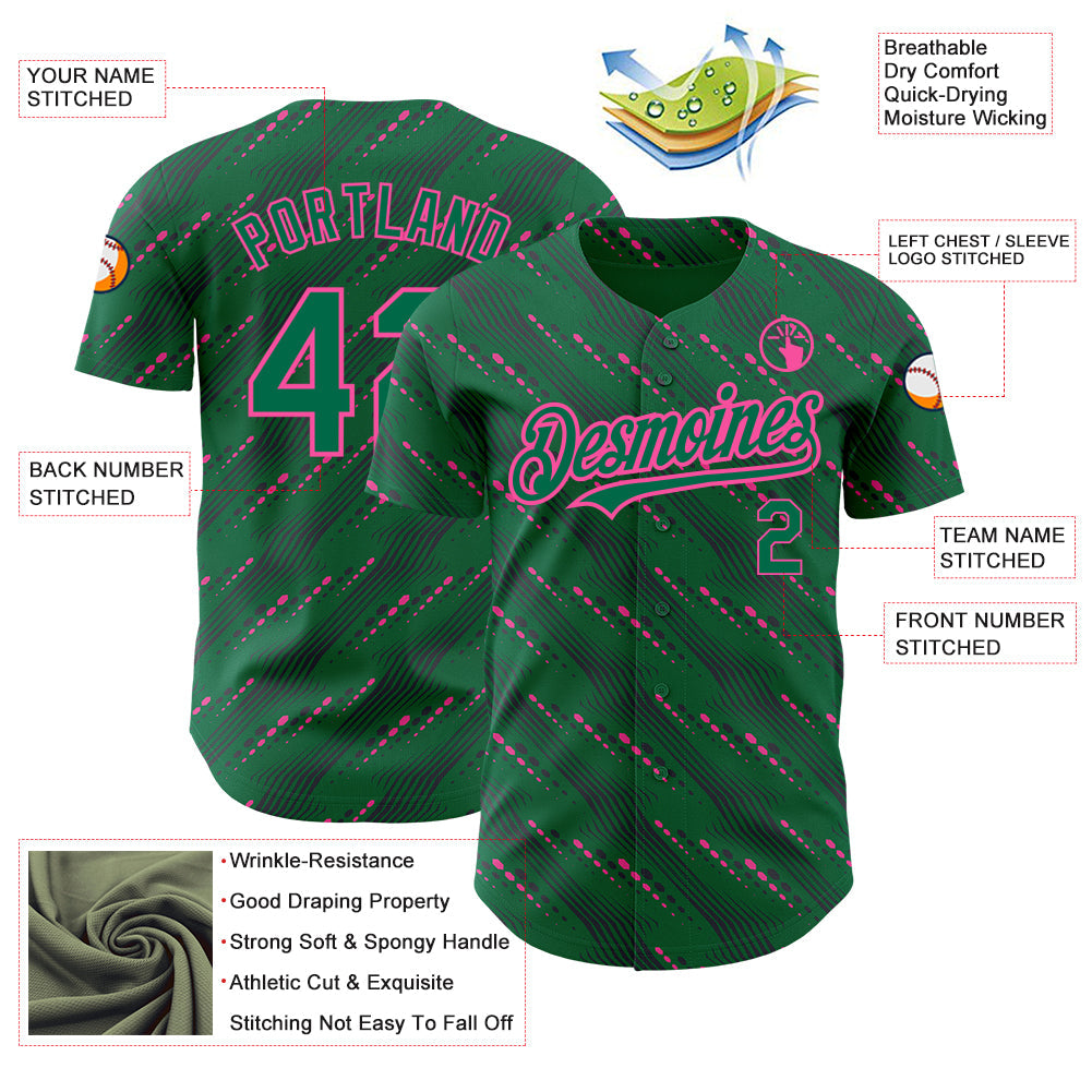 Custom Kelly Green-Pink 3D Pattern Design Slant Lines Authentic Baseball Jersey - Sky-Custom