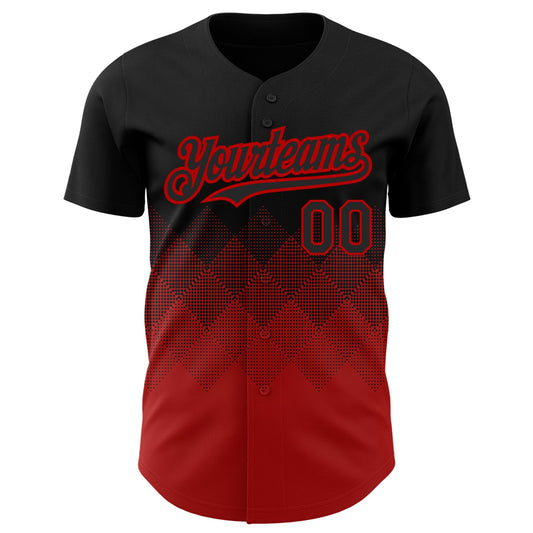 Custom Black Red 3D Pattern Design Gradient Square Shapes Authentic Baseball Jersey - Sky-Custom
