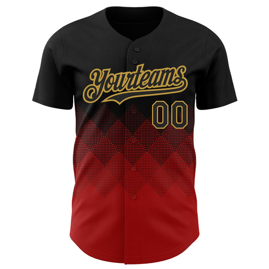 Custom Black Red-Old Gold 3D Pattern Design Gradient Square Shapes Authentic Baseball Jersey - Sky-Custom