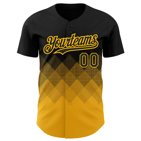 Custom Black Gold 3D Pattern Design Gradient Square Shapes Authentic Baseball Jersey - Sky-Custom