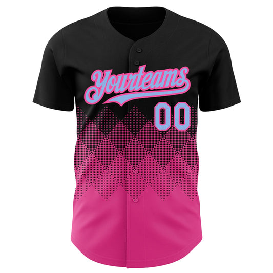 Custom Black Light Blue-Pink 3D Pattern Design Gradient Square Shapes Authentic Baseball Jersey - Sky-Custom