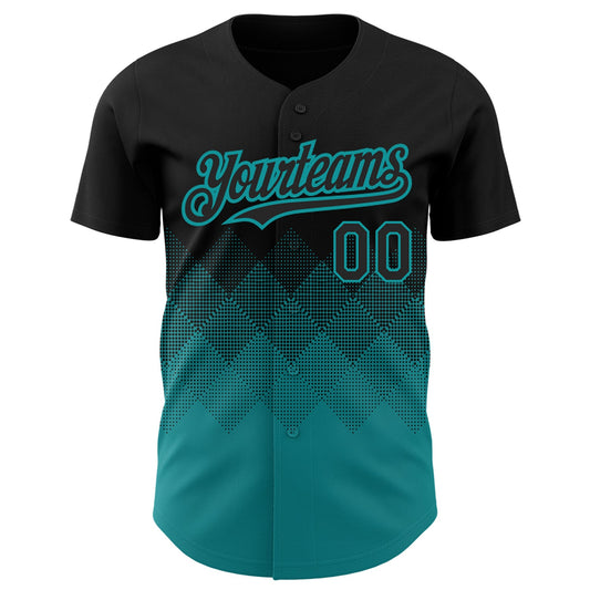 Custom Black Teal 3D Pattern Design Gradient Square Shapes Authentic Baseball Jersey - Sky-Custom