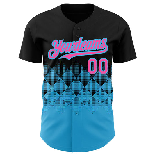 Custom Black Pink-Sky Blue 3D Pattern Design Gradient Square Shapes Authentic Baseball Jersey - Sky-Custom