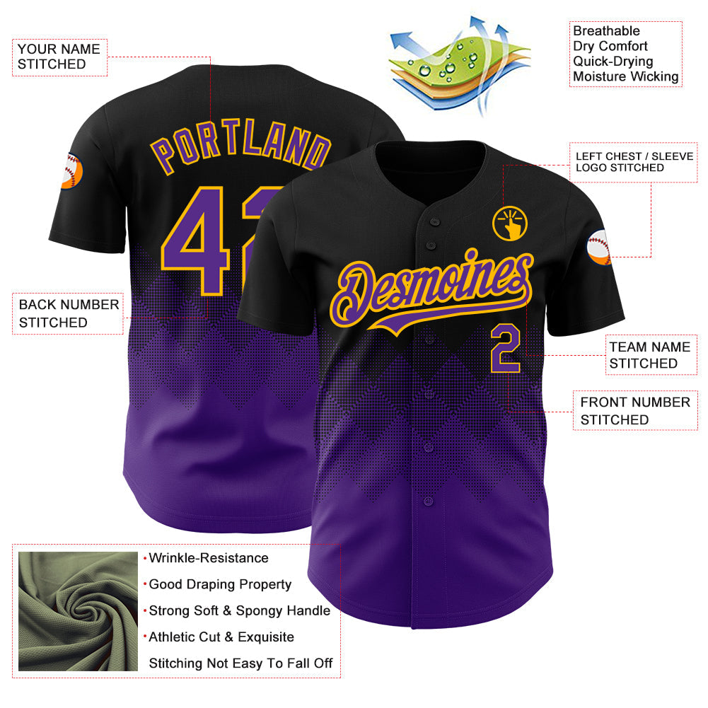 Custom Black Purple-Gold 3D Pattern Design Gradient Square Shapes Authentic Baseball Jersey - Sky-Custom