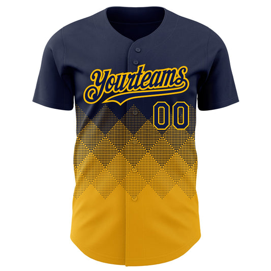 Custom Navy Gold 3D Pattern Design Gradient Square Shapes Authentic Baseball Jersey - Sky-Custom