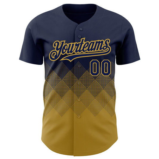 Custom Navy Old Gold 3D Pattern Design Gradient Square Shapes Authentic Baseball Jersey - Sky-Custom