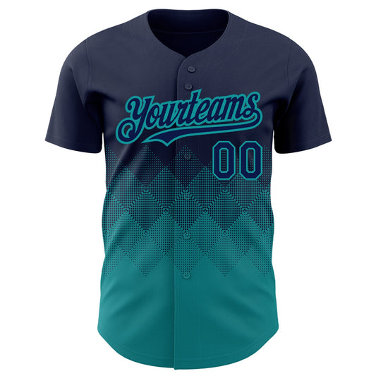 Custom Navy Teal 3D Pattern Design Gradient Square Shapes Authentic Baseball Jersey - Sky-Custom