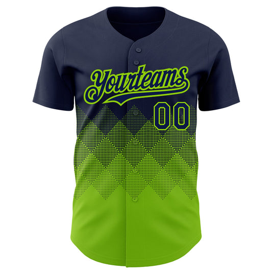 Custom Navy Neon Green 3D Pattern Design Gradient Square Shapes Authentic Baseball Jersey - Sky-Custom