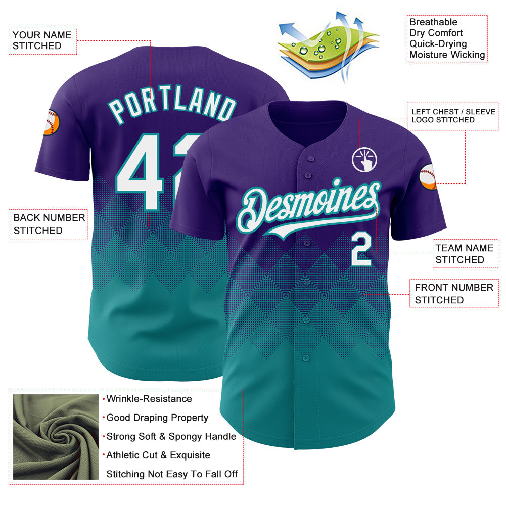 Custom Purple White-Teal 3D Pattern Design Gradient Square Shapes Authentic Baseball Jersey - Sky-Custom