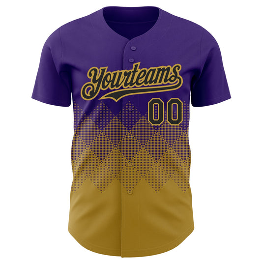 Custom Purple Black-Old Gold 3D Pattern Design Gradient Square Shapes Authentic Baseball Jersey - Sky-Custom