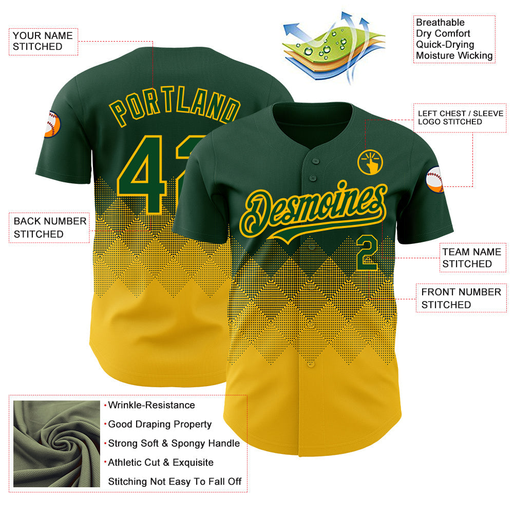Custom Green Gold 3D Pattern Design Gradient Square Shapes Authentic Baseball Jersey - Sky-Custom