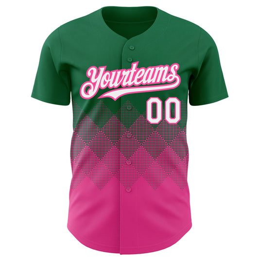 Custom Kelly Green White-Pink 3D Pattern Design Gradient Square Shapes Authentic Baseball Jersey - Sky-Custom