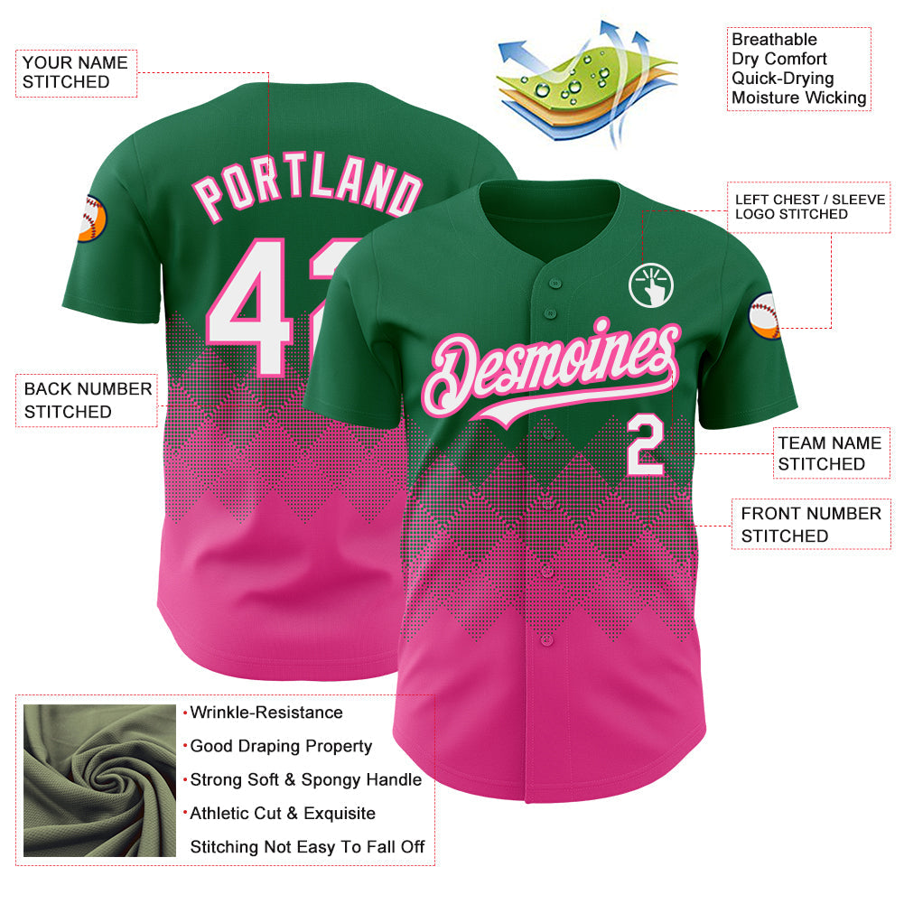 Custom Kelly Green White-Pink 3D Pattern Design Gradient Square Shapes Authentic Baseball Jersey - Sky-Custom