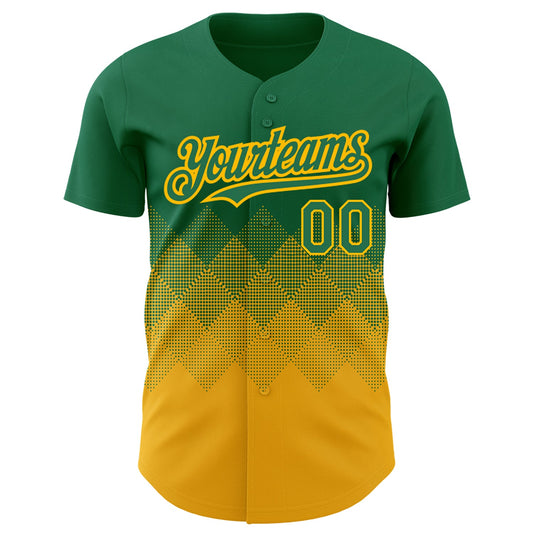 Custom Kelly Green Gold 3D Pattern Design Gradient Square Shapes Authentic Baseball Jersey - Sky-Custom