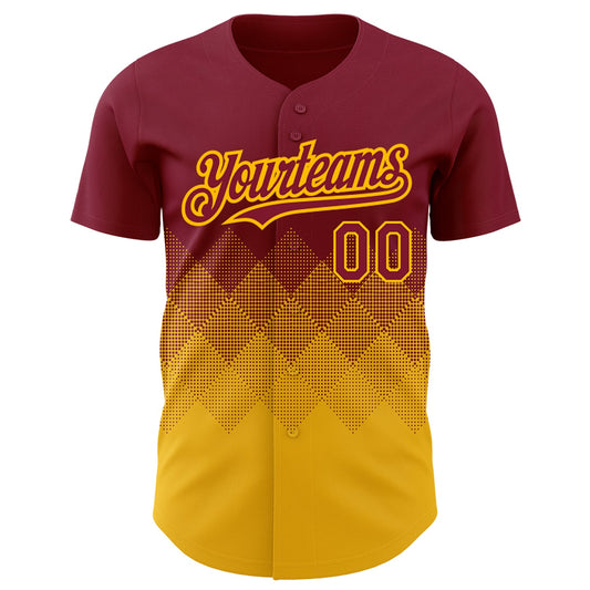 Custom Crimson Gold 3D Pattern Design Gradient Square Shapes Authentic Baseball Jersey - Sky-Custom