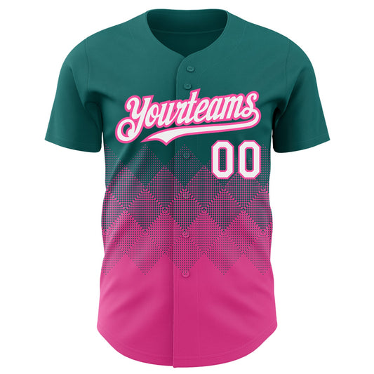 Custom Teal White-Pink 3D Pattern Design Gradient Square Shapes Authentic Baseball Jersey - Sky-Custom