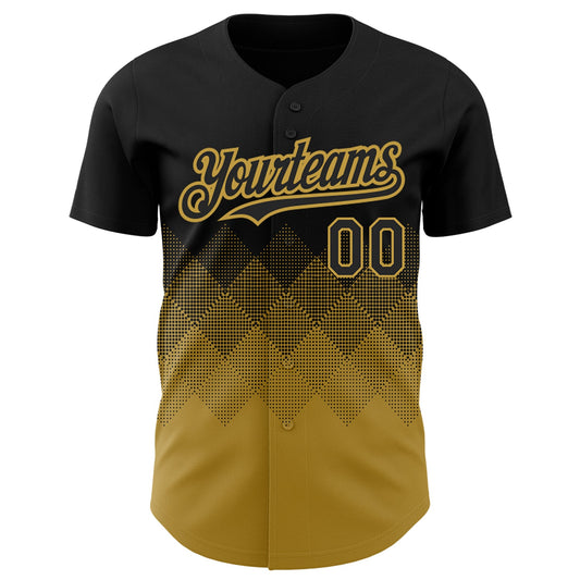 Custom Black Old Gold 3D Pattern Design Gradient Square Shapes Authentic Baseball Jersey - Sky-Custom