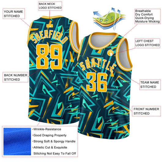 Custom Green Gold-White 3D Pattern Design Abstract Grunge Art Authentic Basketball Jersey - Sky-Custom