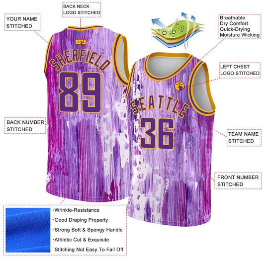 Custom Purple Gold 3D Pattern Design Abstract Liquid Watercolor Style Authentic Basketball Jersey - Sky-Custom