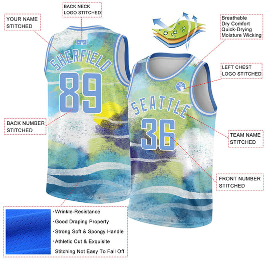 Custom White Light Blue 3D Pattern Design Abstract Landscape Watercolor Style Authentic Basketball Jersey - Sky-Custom