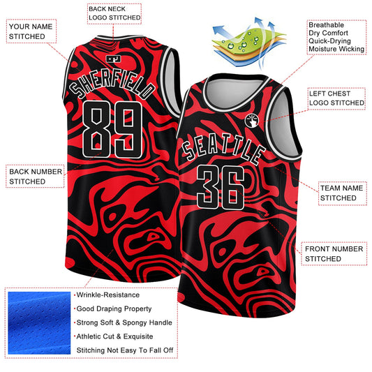 Custom Red Black-White 3D Pattern Design Abstract Psychedelic Liquid Wave Authentic Basketball Jersey - Sky-Custom