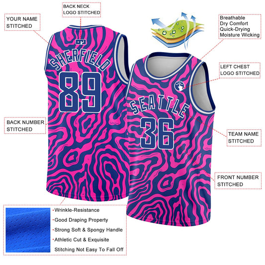 Custom Deep Pink Royal-White 3D Pattern Design Abstract Psychedelic Liquid Wave Authentic Basketball Jersey - Sky-Custom