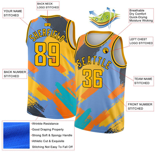 Custom Light Blue Gold-Black 3D Pattern Design Abstract Brush Stroke Shapes Authentic Basketball Jersey - Sky-Custom